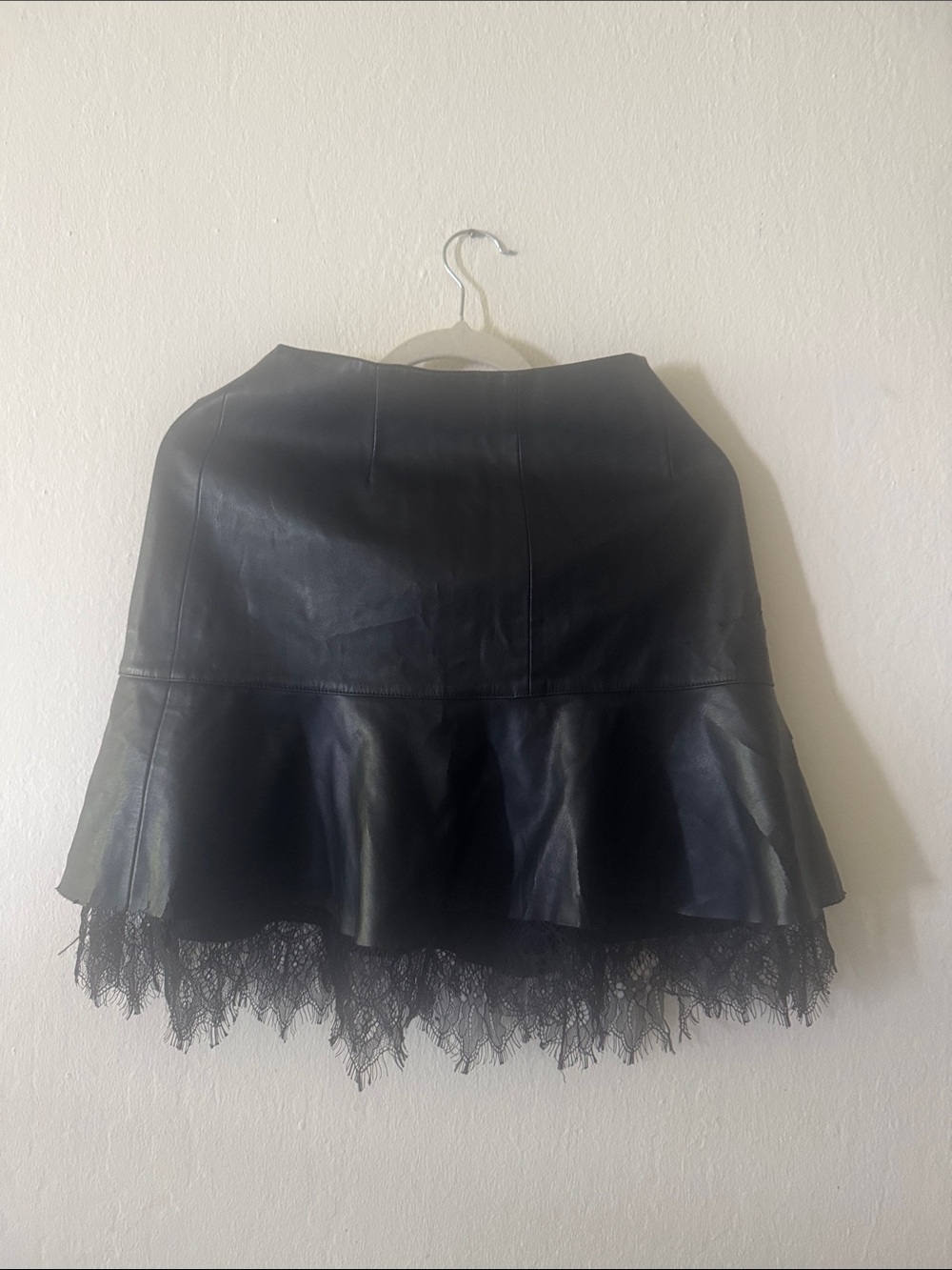 Zara:Women's Black Faux Leather Ruffled Hem Skirt with Lace Trim